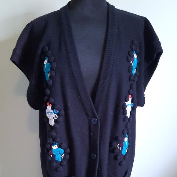 Vintage Button-up Black Sweater Vest With Tiny Knit People Oversized Streetwear - Picture 1 of 7